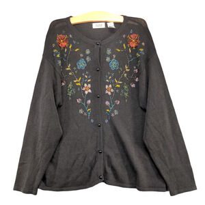 Sostanza Women's Button-Up Cardigan Knit Sweater Black Medium Floral Beaded